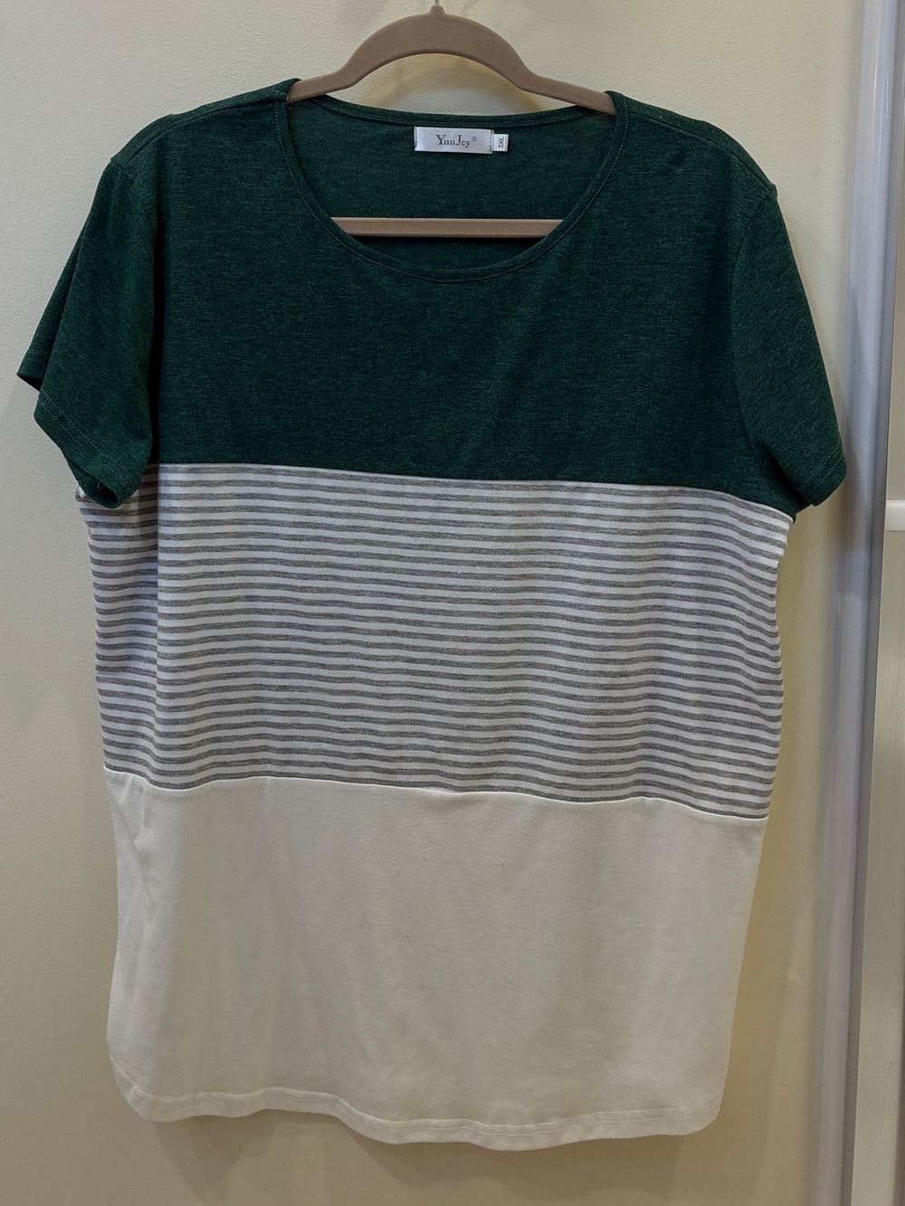 YunJey Dark Green Grey Stripe Crewneck Tee